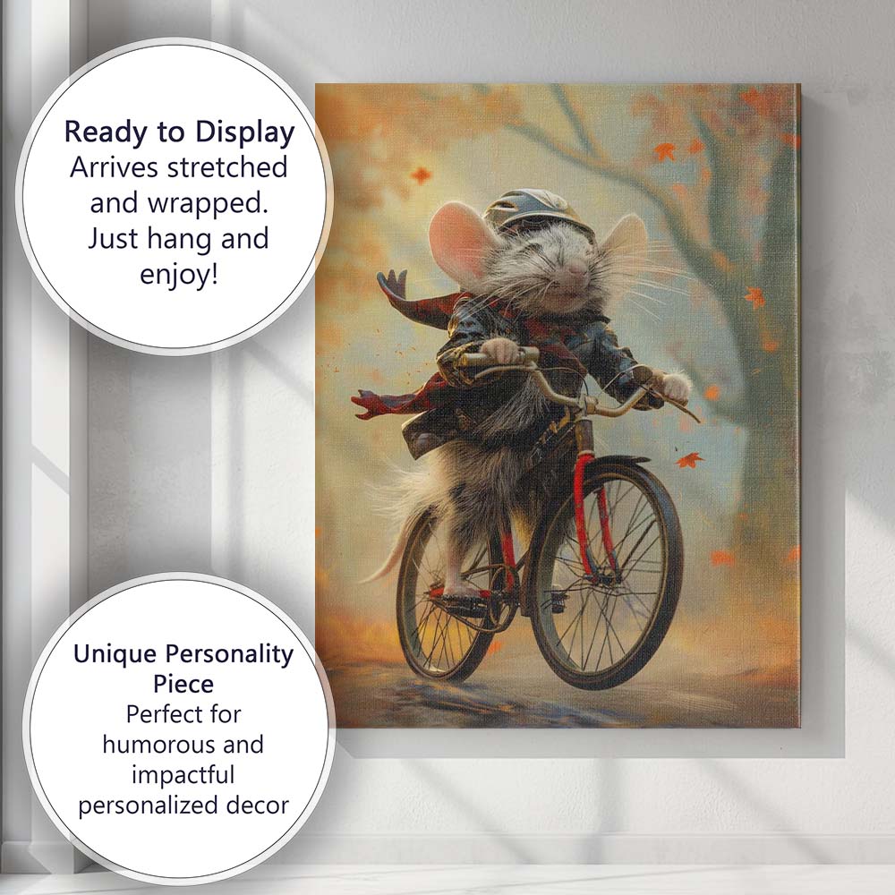 Happy Mouse Riding Bicycle Autumn Forest Fantasy Canvas Wall Art Print Decor Picture Ready to Hang