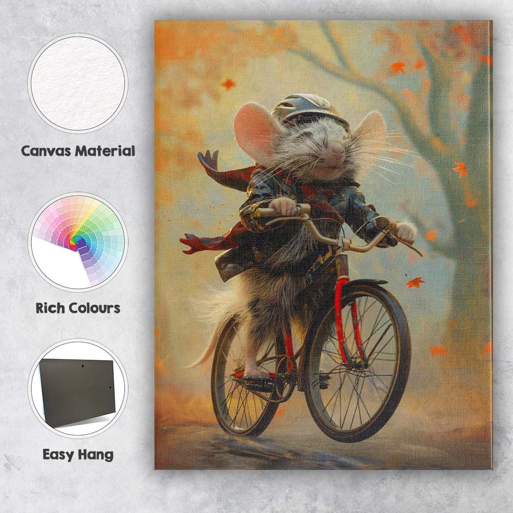 Happy Mouse Riding Bicycle Autumn Forest Fantasy Canvas Wall Art Print Decor Picture Ready to Hang