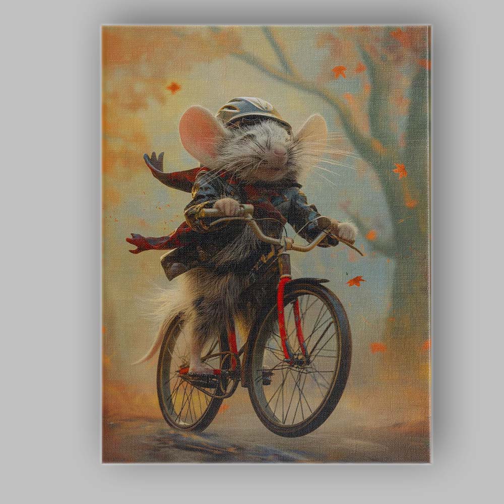 Happy Mouse Riding Bicycle Autumn Forest Fantasy Canvas Wall Art Print Decor Picture Ready to Hang