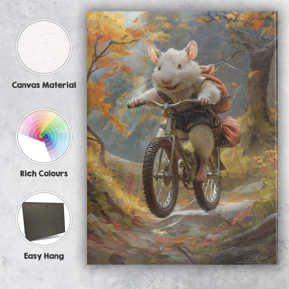 Cute White Mouse Mountain Bike Woodland Adventure Canvas Wall Art Print Decor Picture Ready to Hang