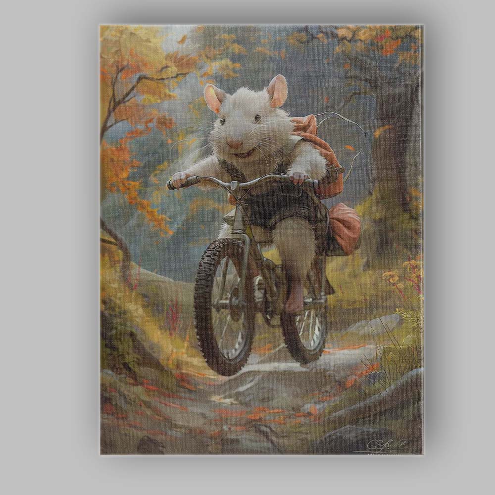 Cute White Mouse Mountain Bike Woodland Adventure Canvas Wall Art Print Decor Picture Ready to Hang