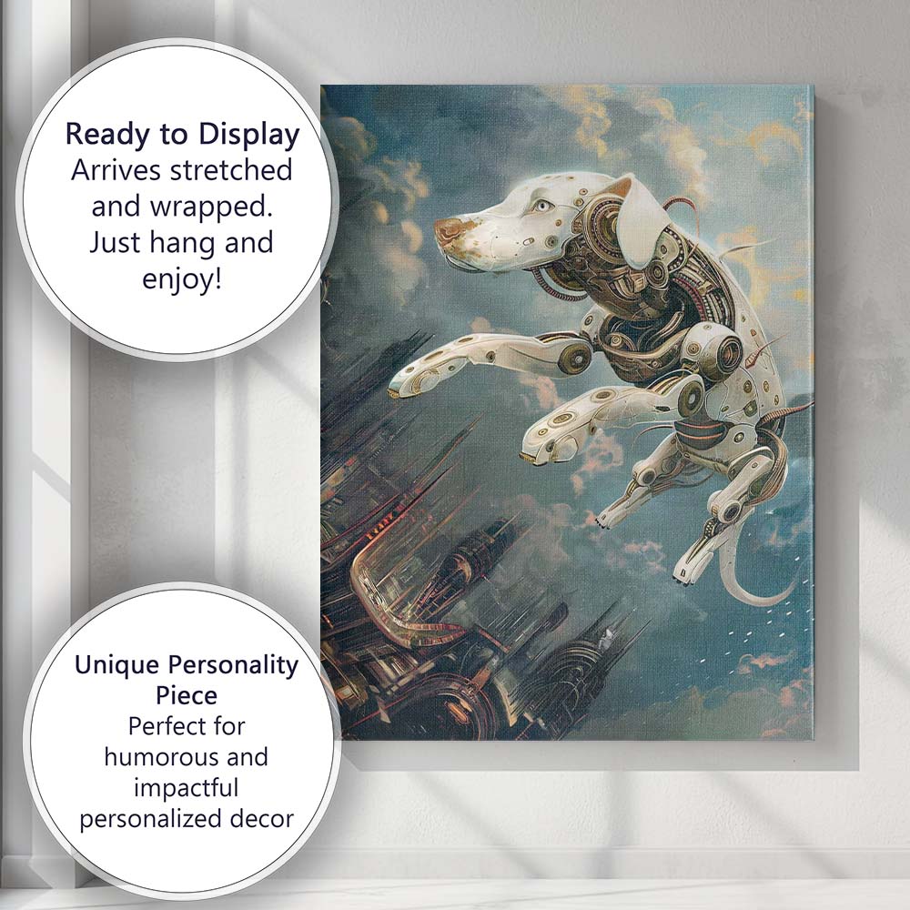 Futuristic White Robotic Dog Cyberpunk Cityscape Canvas Wall Art Print Decor Picture Ready to Hang
