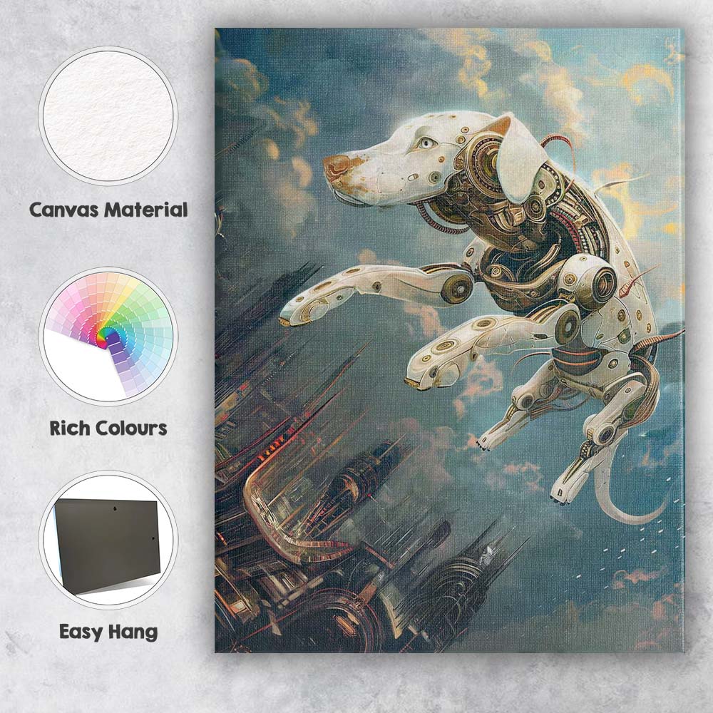 Futuristic White Robotic Dog Cyberpunk Cityscape Canvas Wall Art Print Decor Picture Ready to Hang
