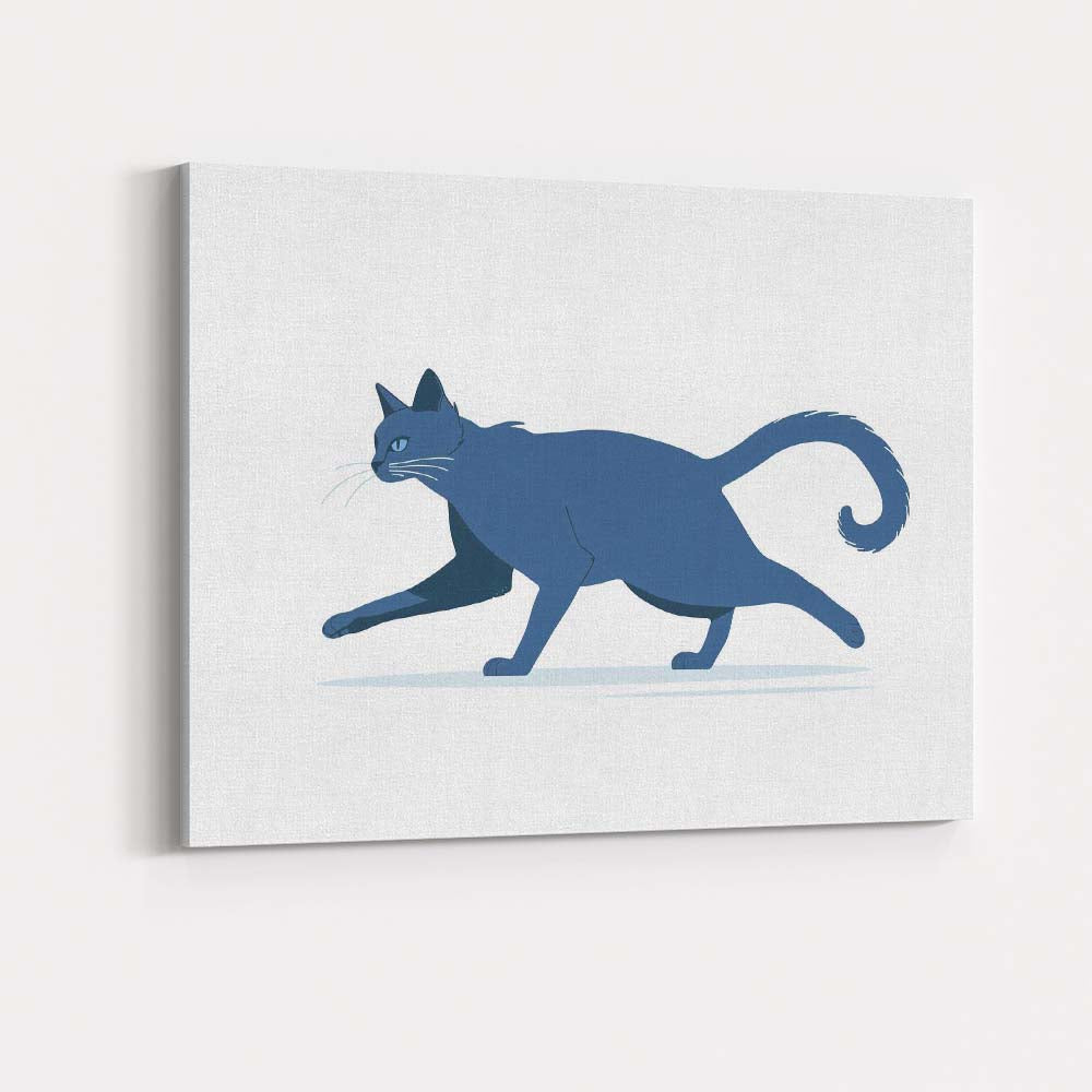 Minimalist Blue Walking Cat Animal Illustration Canvas Wall Art Print Decor Picture Ready to Hang