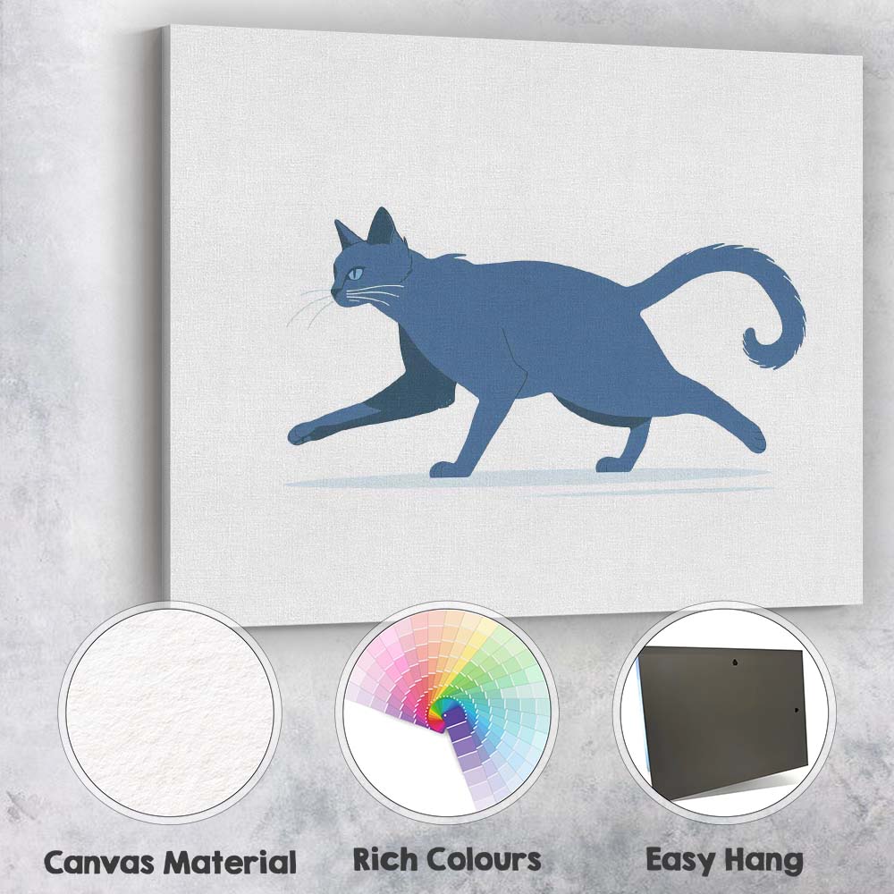 Minimalist Blue Walking Cat Animal Illustration Canvas Wall Art Print Decor Picture Ready to Hang