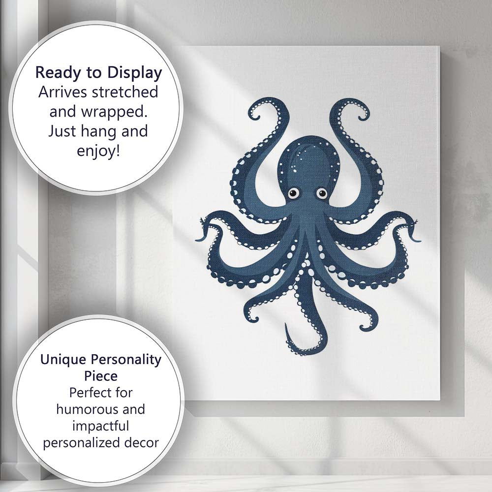 Adorable Navy Blue Octopus Sea Creature Illustration Canvas Wall Art Print Decor Picture Ready to Hang