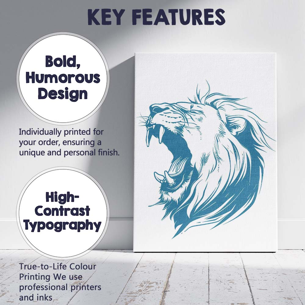 Roaring Lion Head Blue Line Art Wildlife Illustration Canvas Wall Art Print Decor Picture Ready to Hang