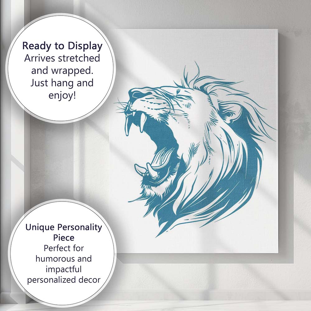 Roaring Lion Head Blue Line Art Wildlife Illustration Canvas Wall Art Print Decor Picture Ready to Hang
