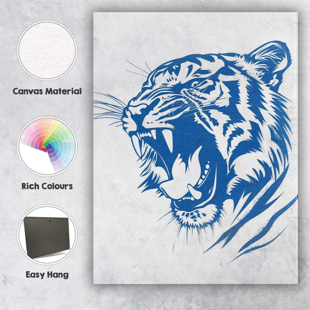 Fierce Roaring Tiger Head Blue Line Art Illustration Canvas Wall Art Print Decor Picture Ready to Hang