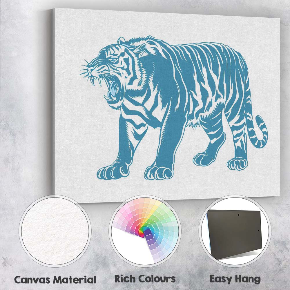 Roaring Tiger Full Body Blue Wildlife Illustration Canvas Wall Art Print Decor Picture Ready to Hang