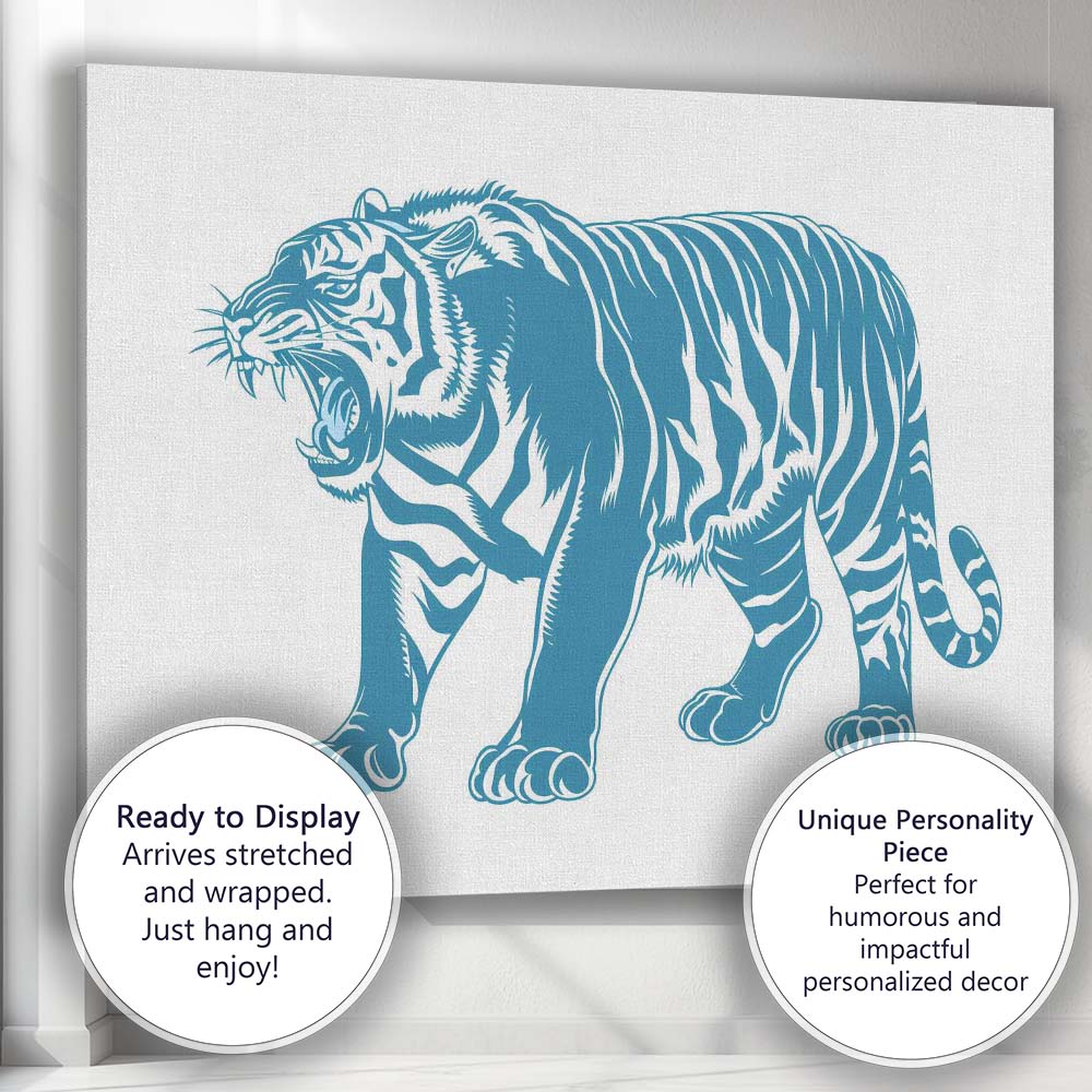 Roaring Tiger Full Body Blue Wildlife Illustration Canvas Wall Art Print Decor Picture Ready to Hang