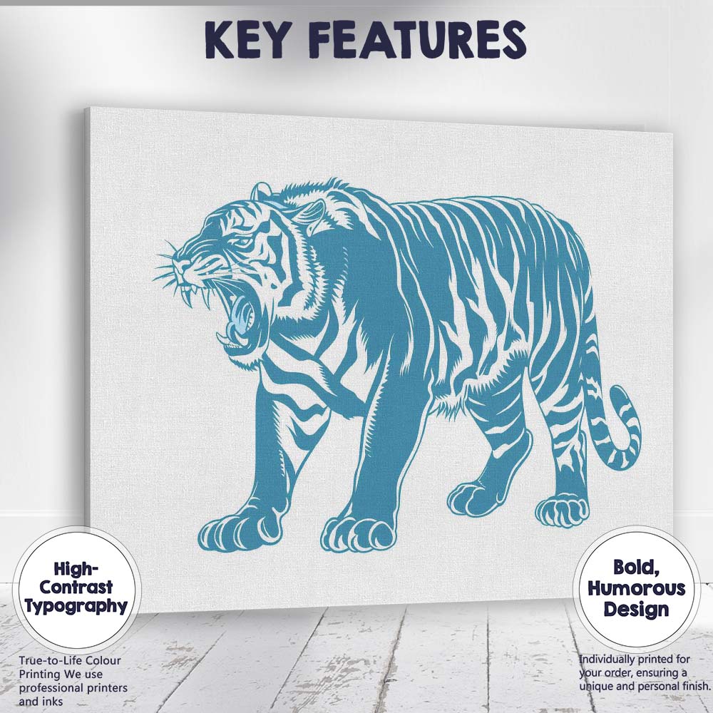 Roaring Tiger Full Body Blue Wildlife Illustration Canvas Wall Art Print Decor Picture Ready to Hang
