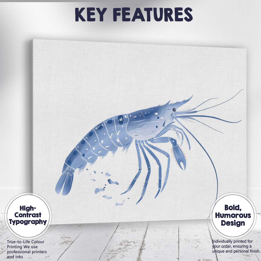 Blue Prawn Seafood Marine Life Illustration Canvas Wall Art Print Decor Picture Ready to Hang