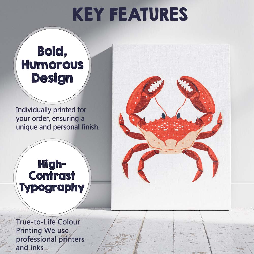 Bright Red Cartoon Crab Sea Life Illustration Canvas Wall Art Print Decor Picture Ready to Hang