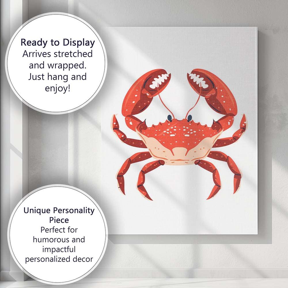 Bright Red Cartoon Crab Sea Life Illustration Canvas Wall Art Print Decor Picture Ready to Hang