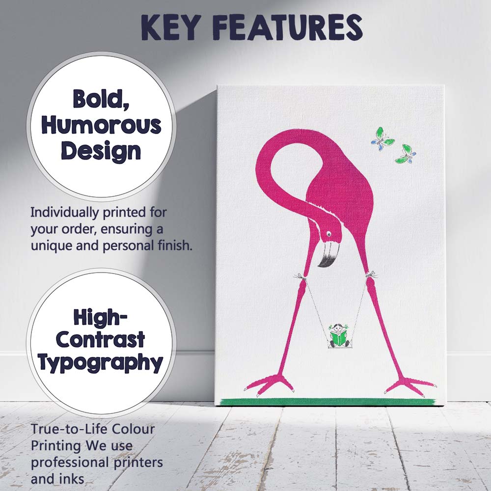 Pink Flamingo Reading Child Swing Whimsical Minimalist Illustration Canvas Wall Art Print Decor Picture Ready to Hang