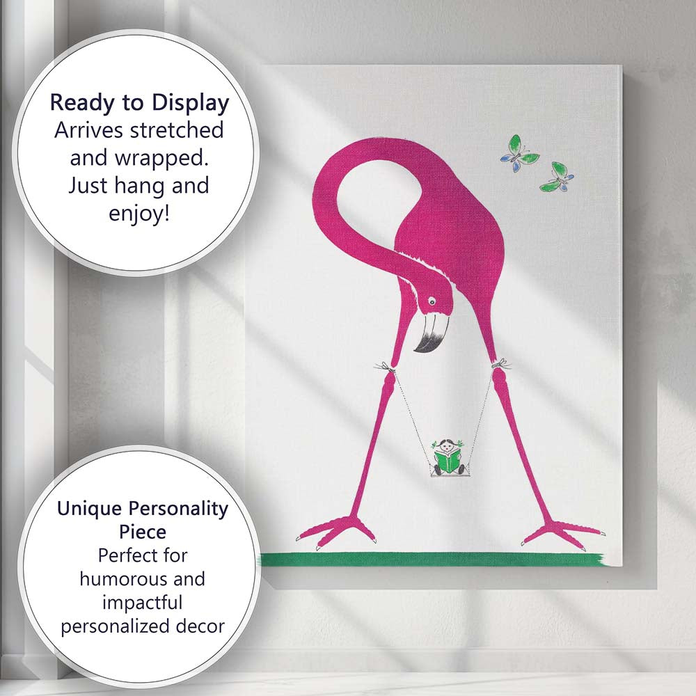 Pink Flamingo Reading Child Swing Whimsical Minimalist Illustration Canvas Wall Art Print Decor Picture Ready to Hang