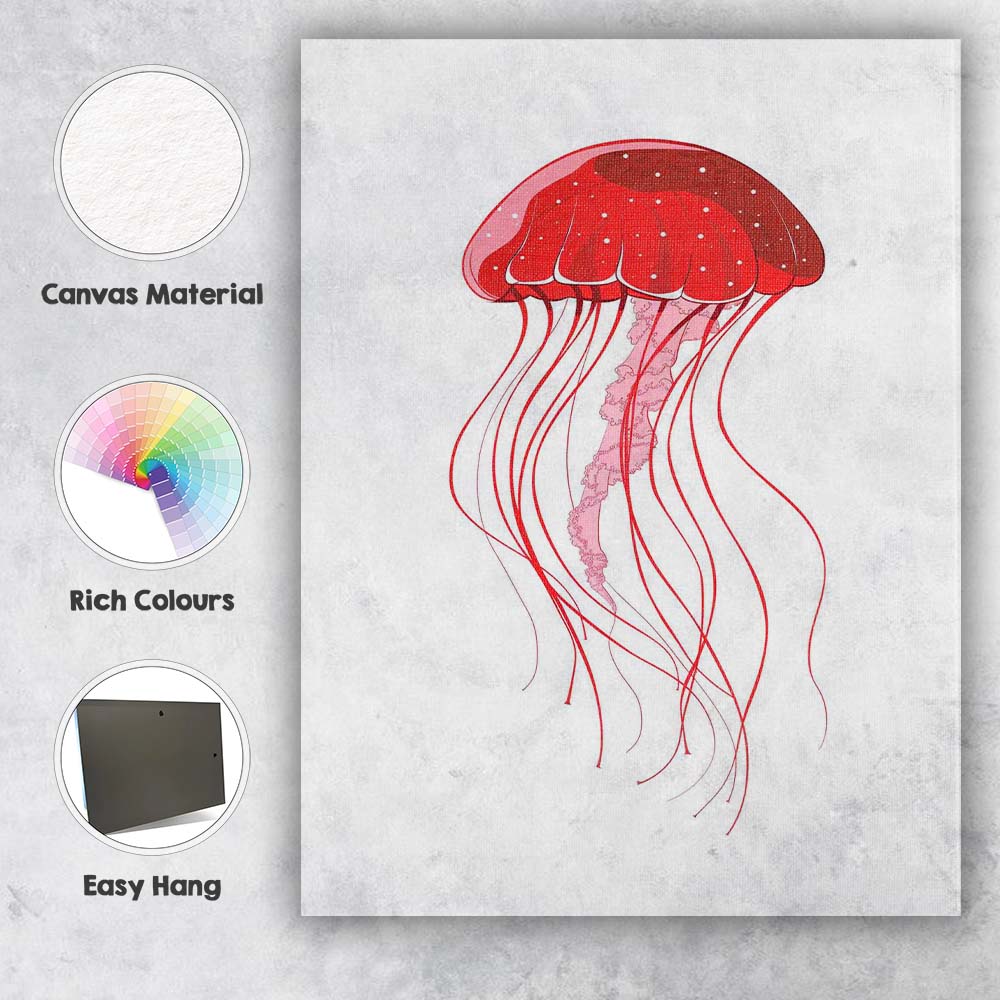 Bright Red Jellyfish Underwater Sea Creature Illustration Canvas Wall Art Print Decor Picture Ready to Hang