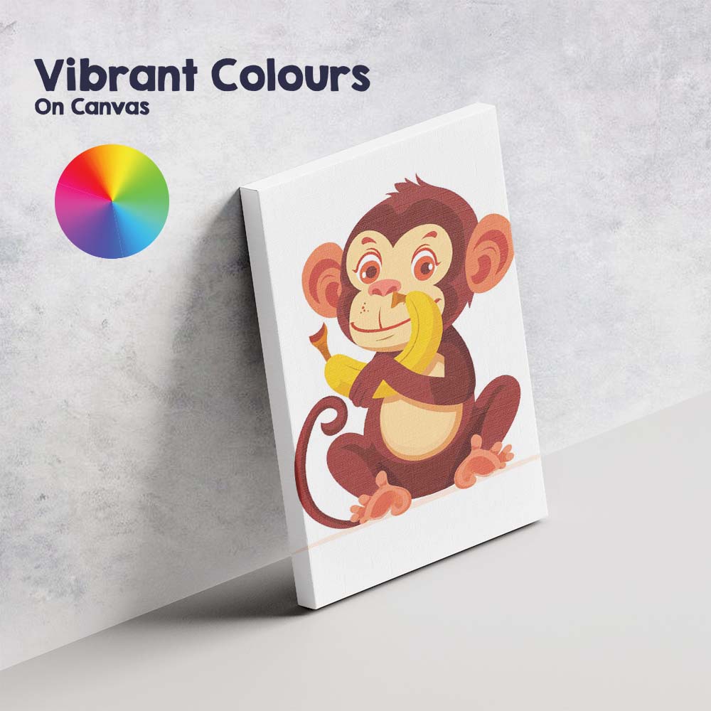 Cute Baby Monkey Holding Banana Cartoon Illustration Canvas Wall Art Print Decor Picture Ready to Hang