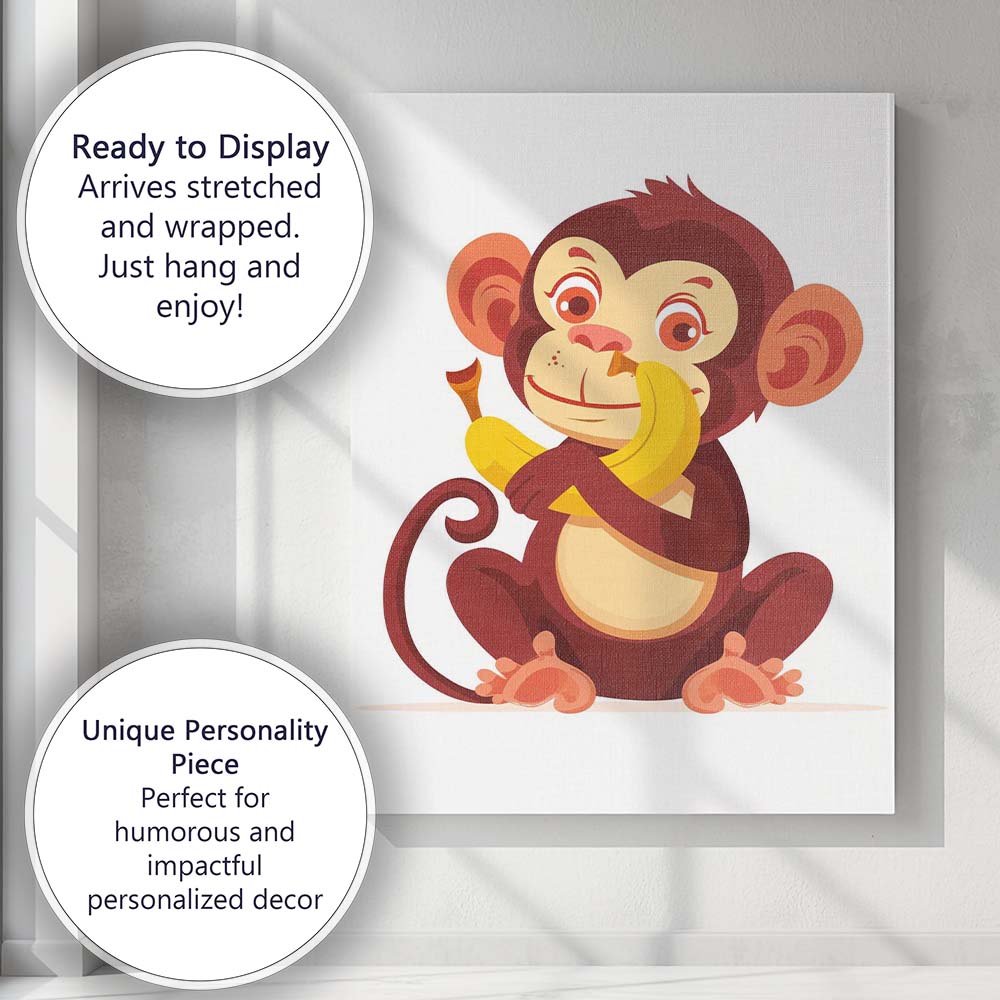 Cute Baby Monkey Holding Banana Cartoon Illustration Canvas Wall Art Print Decor Picture Ready to Hang