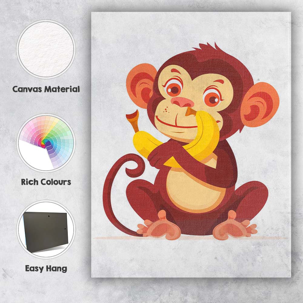 Cute Baby Monkey Holding Banana Cartoon Illustration Canvas Wall Art Print Decor Picture Ready to Hang