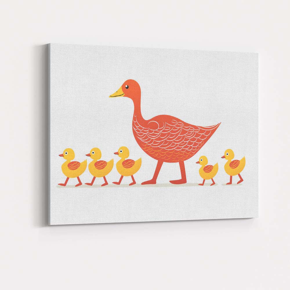 Cute Mother Duck and Ducklings Family Illustration Canvas Wall Art Print Decor Picture Ready to Hang
