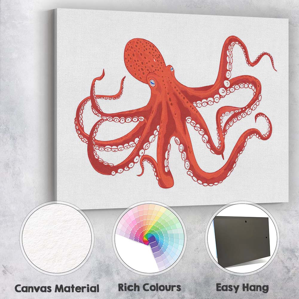 Detailed Red Giant Octopus Ocean Creature Illustration Canvas Wall Art Print Decor Picture Ready to Hang