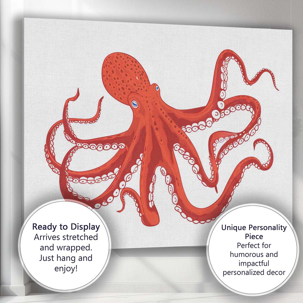 Detailed Red Giant Octopus Ocean Creature Illustration Canvas Wall Art Print Decor Picture Ready to Hang
