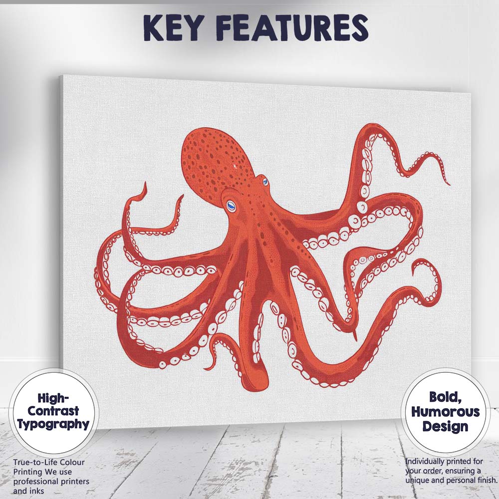 Detailed Red Giant Octopus Ocean Creature Illustration Canvas Wall Art Print Decor Picture Ready to Hang