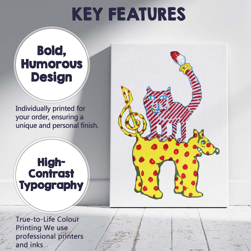 Whimsical Colourful Cat Riding Polka Dot Horse Illustration Canvas Wall Art Print Decor Picture Ready to Hang