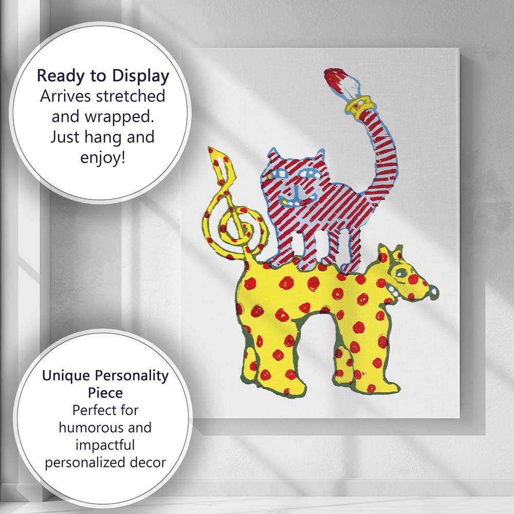 Whimsical Colourful Cat Riding Polka Dot Horse Illustration Canvas Wall Art Print Decor Picture Ready to Hang