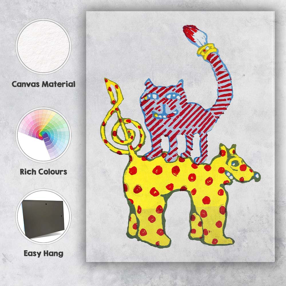 Whimsical Colourful Cat Riding Polka Dot Horse Illustration Canvas Wall Art Print Decor Picture Ready to Hang