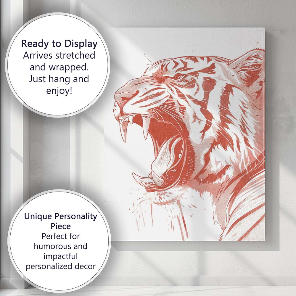 Roaring Tiger Head Detailed Wildlife Illustration Canvas Wall Art Print Decor Picture Ready to Hang