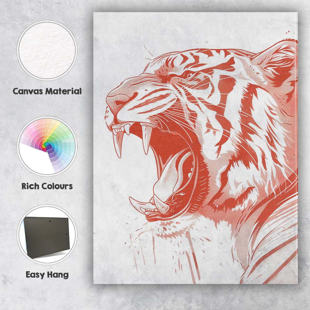 Roaring Tiger Head Detailed Wildlife Illustration Canvas Wall Art Print Decor Picture Ready to Hang