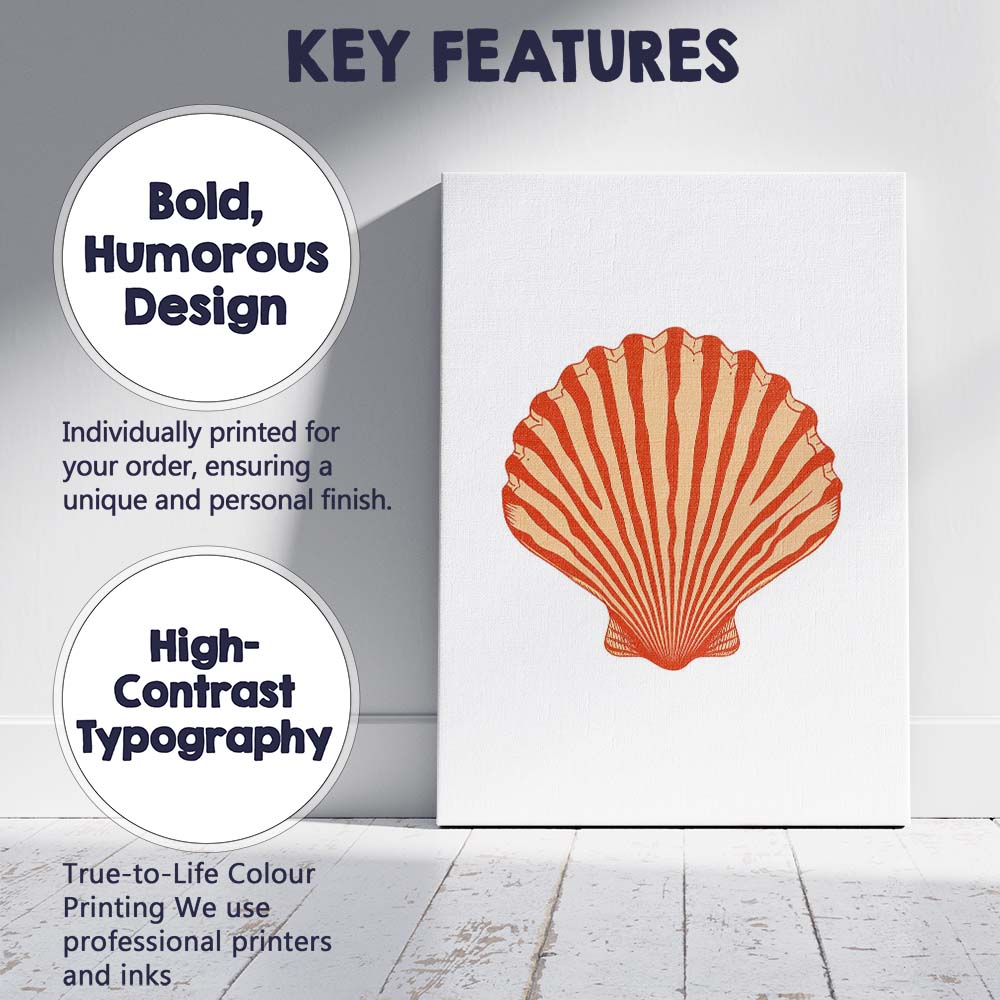 Minimalist Orange Scallop Seashell Coastal Illustration Canvas Wall Art Print Decor Picture Ready to Hang
