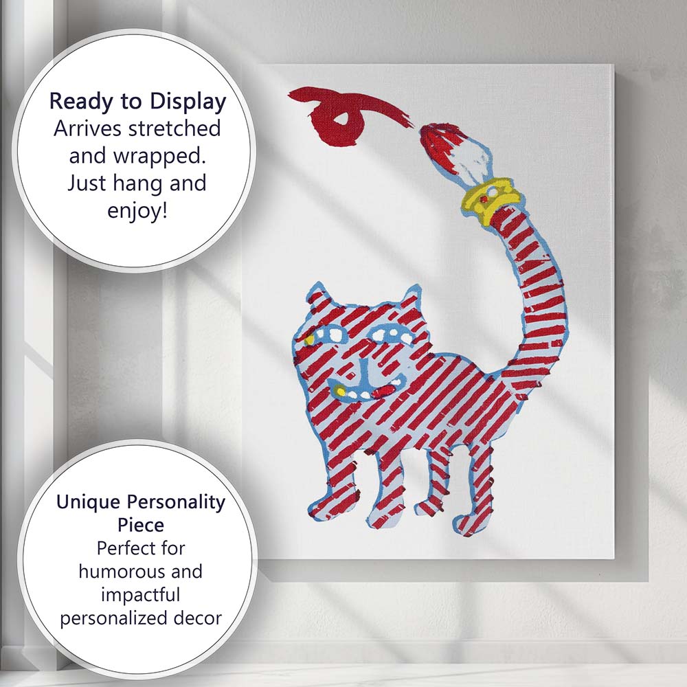 Whimsical Striped Cat Holding Paintbrush Illustration Canvas Wall Art Print Decor Picture Ready to Hang