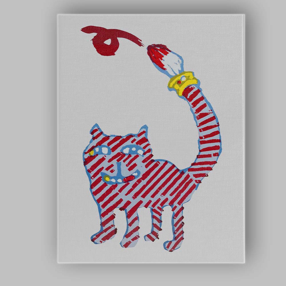 Whimsical Striped Cat Holding Paintbrush Illustration Canvas Wall Art Print Decor Picture Ready to Hang