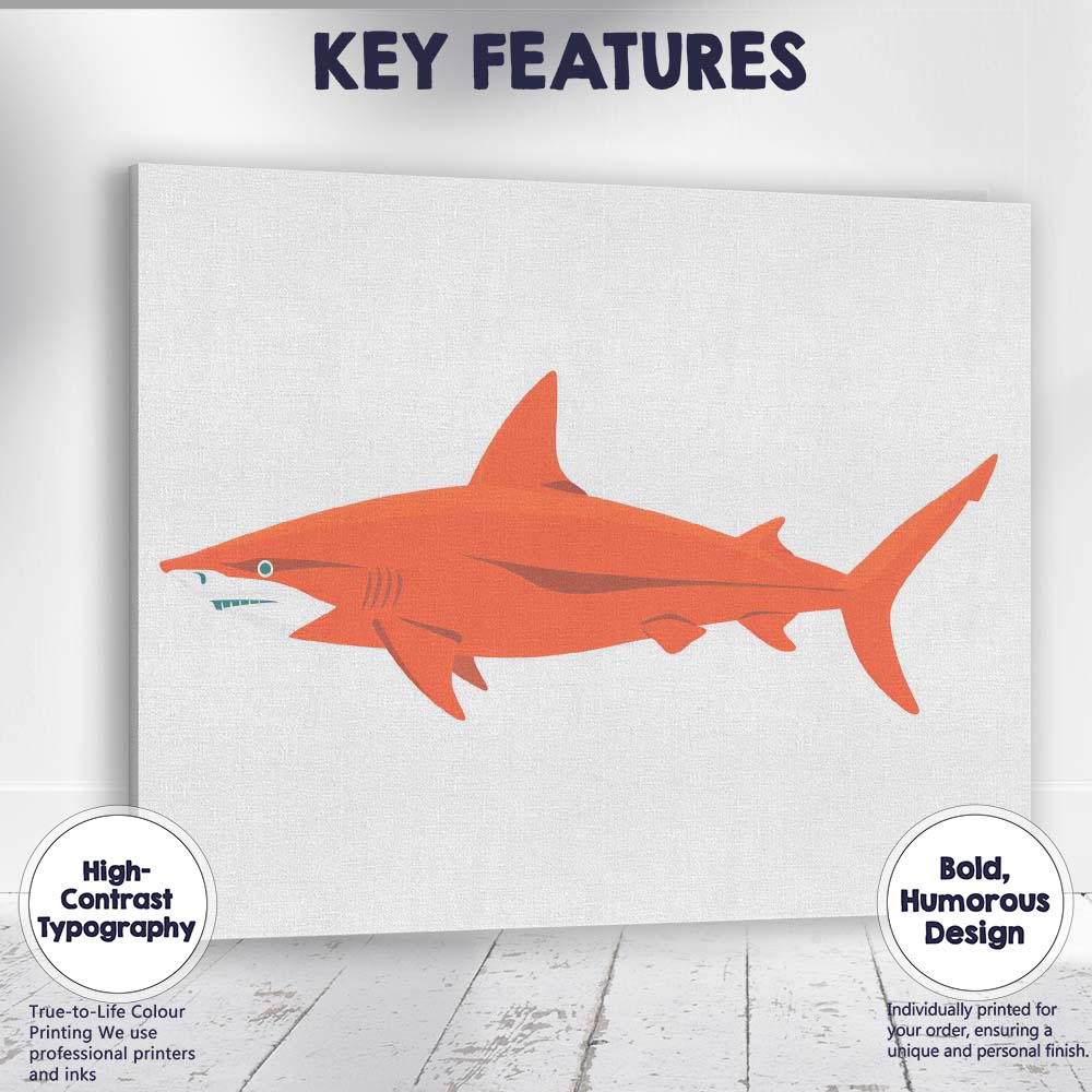 Minimalist Orange Reef Shark Ocean Wildlife Illustration Canvas Wall Art Print Decor Picture Ready to Hang