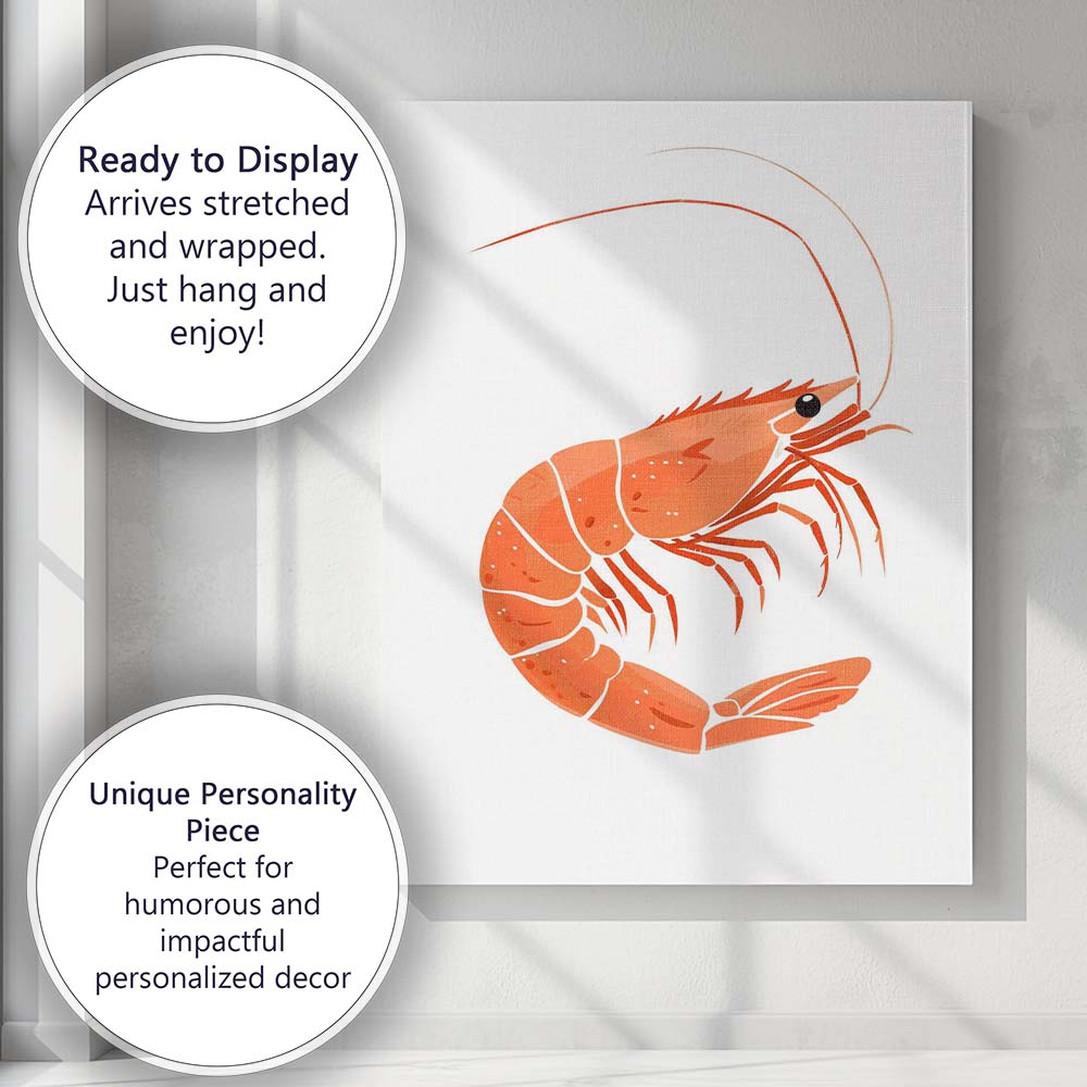 Minimalist Orange Shrimp Seafood Illustration Canvas Wall Art Print Decor Picture Ready to Hang