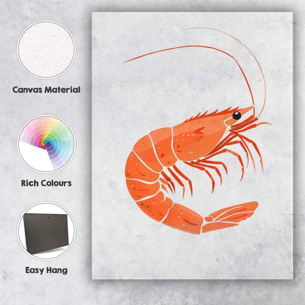 Minimalist Orange Shrimp Seafood Illustration Canvas Wall Art Print Decor Picture Ready to Hang