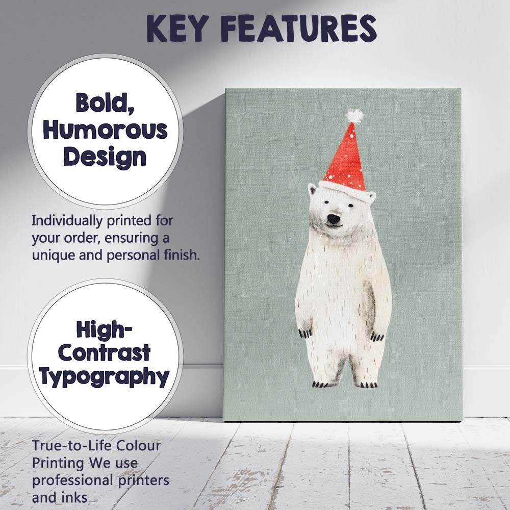 Cute Polar Bear Wearing Red Christmas Hat Illustration Canvas Wall Art Print Decor Picture Ready to Hang
