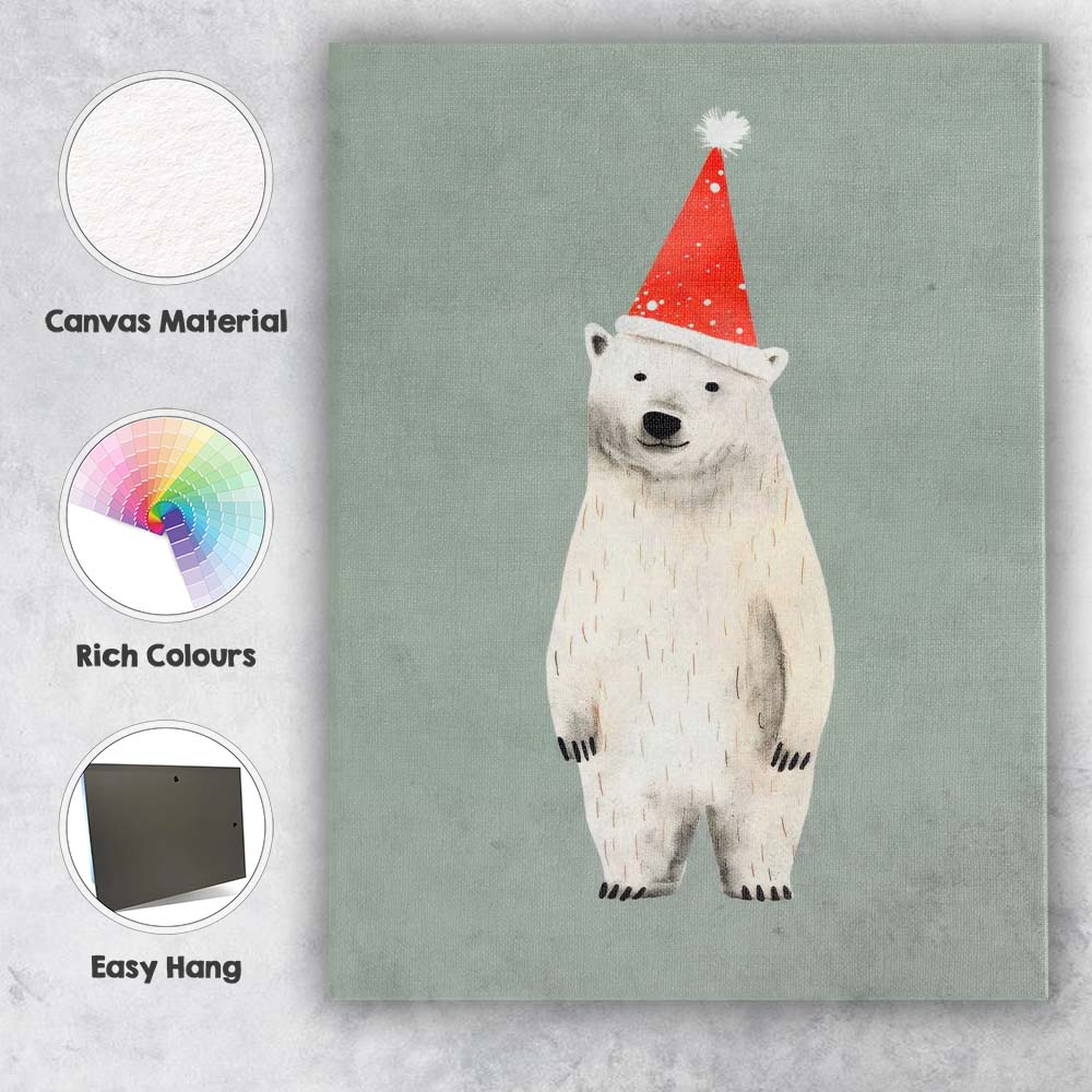 Cute Polar Bear Wearing Red Christmas Hat Illustration Canvas Wall Art Print Decor Picture Ready to Hang