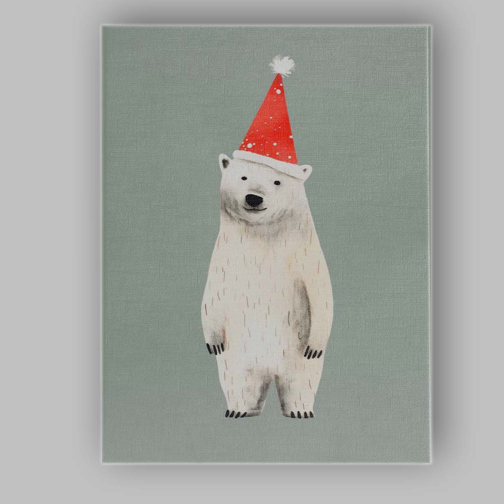 Cute Polar Bear Wearing Red Christmas Hat Illustration Canvas Wall Art Print Decor Picture Ready to Hang