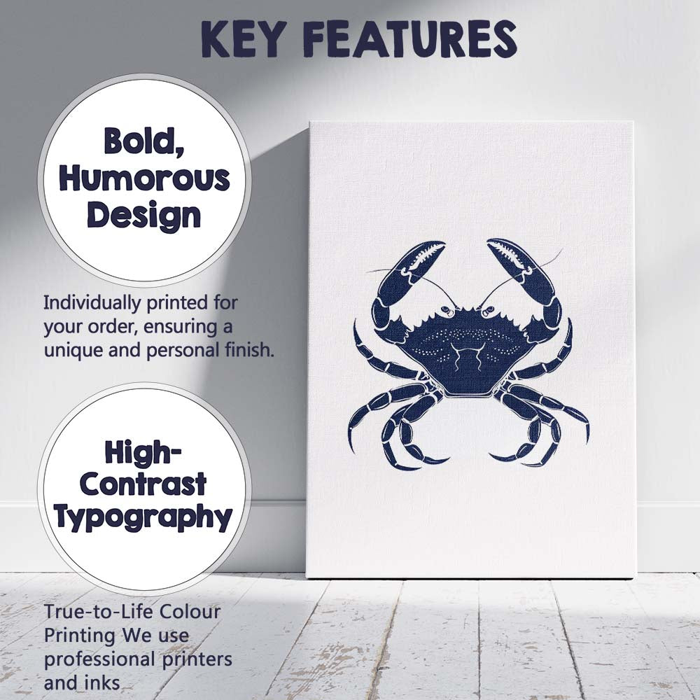 Classic Blue Crab Coastal Seafood Silhouette Artwork Canvas Wall Art Print Decor Picture Ready to Hang