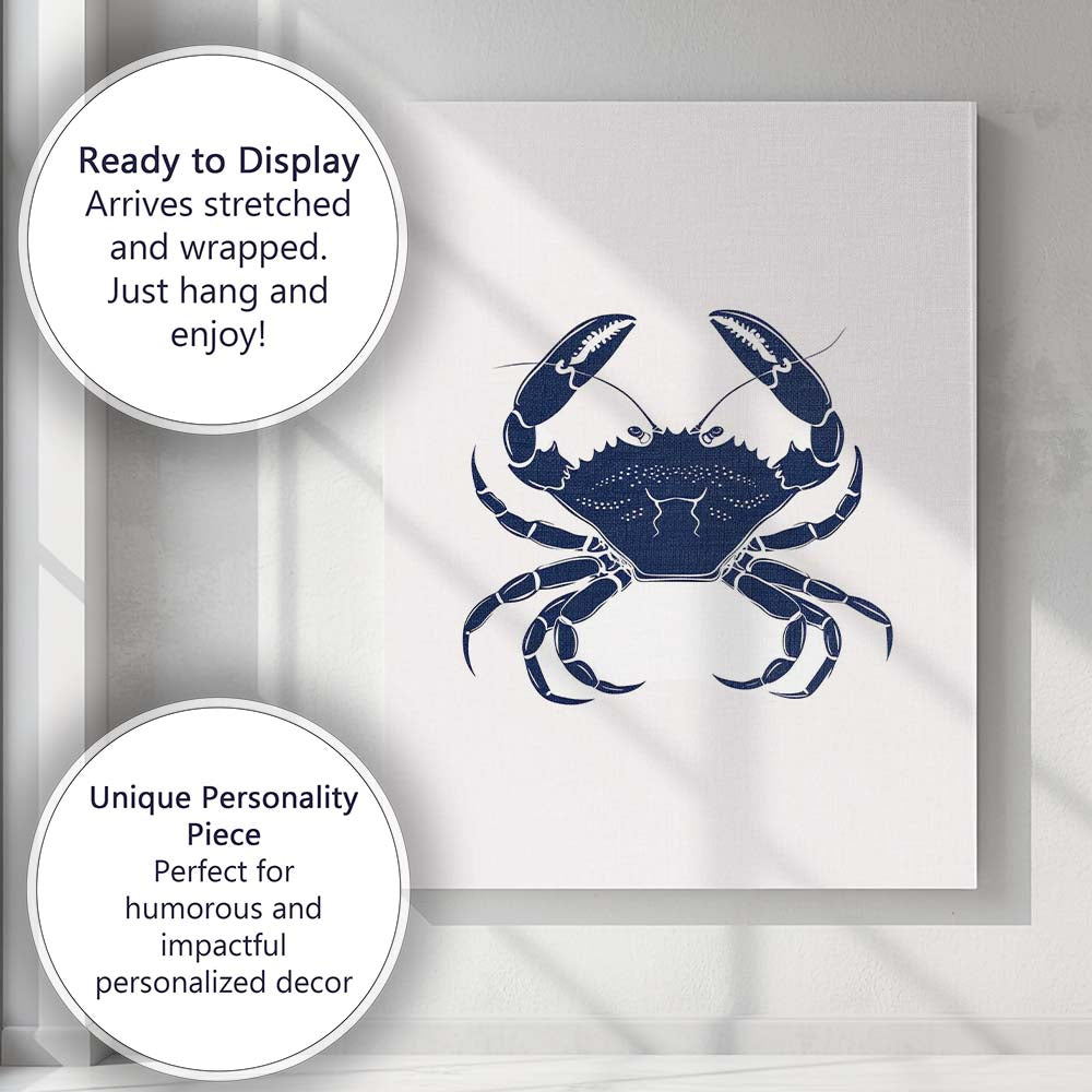 Classic Blue Crab Coastal Seafood Silhouette Artwork Canvas Wall Art Print Decor Picture Ready to Hang