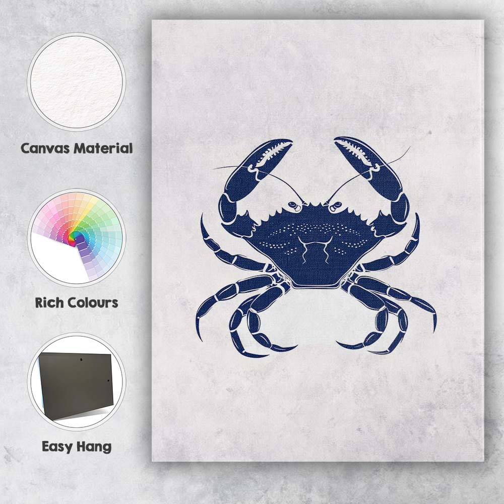 Classic Blue Crab Coastal Seafood Silhouette Artwork Canvas Wall Art Print Decor Picture Ready to Hang