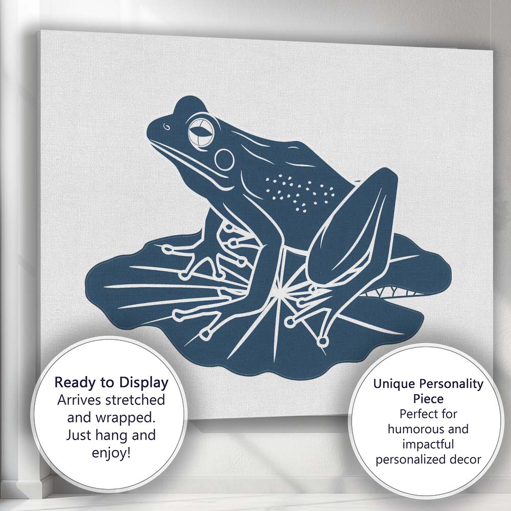 Detailed Blue Frog Sitting on Lily Pad Nature Illustration Canvas Wall Art Print Decor Picture Ready to Hang