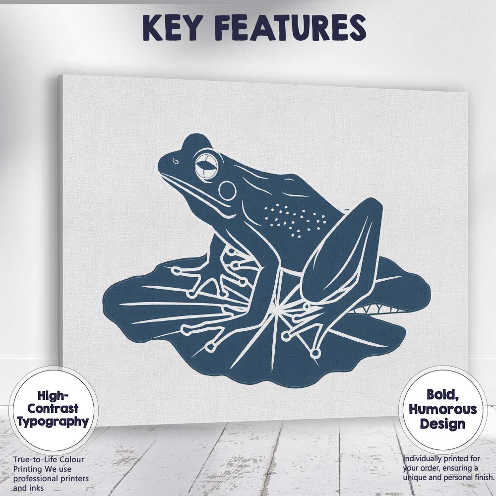 Detailed Blue Frog Sitting on Lily Pad Nature Illustration Canvas Wall Art Print Decor Picture Ready to Hang