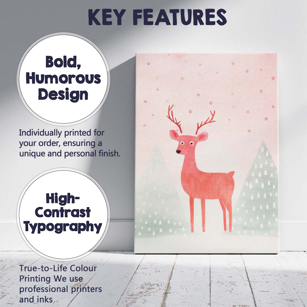 Pastel Pink Deer Woodland Nursery Watercolour Illustration Canvas Wall Art Print Decor Picture Ready to Hang