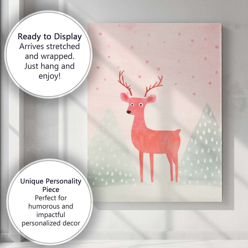 Pastel Pink Deer Woodland Nursery Watercolour Illustration Canvas Wall Art Print Decor Picture Ready to Hang